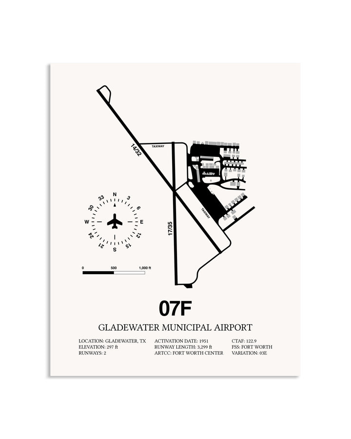 Gray Gladewater Municipal Airport framed poster displayed in an airplane hangar