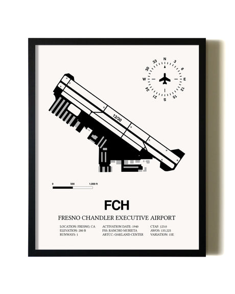 Framed Fresno Chandler Executive Airport wall art poster in black frame