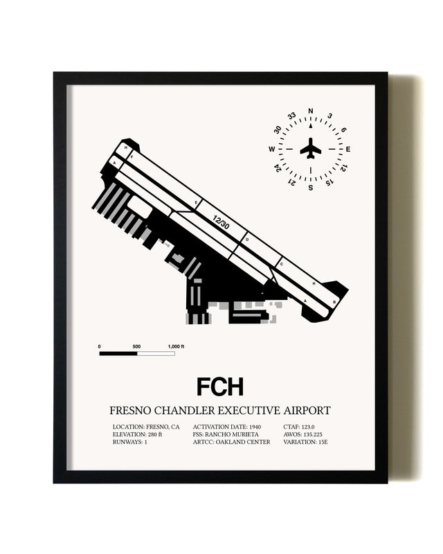 Framed Fresno Chandler Executive Airport wall art poster in black frame