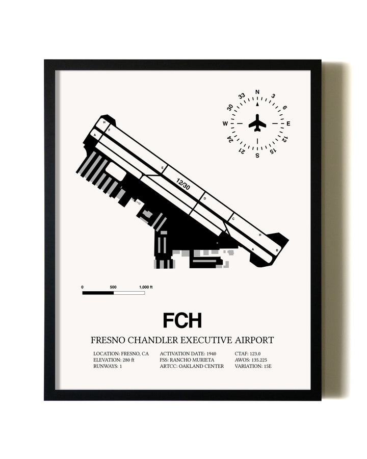 Framed Fresno Chandler Executive Airport wall art poster in black frame