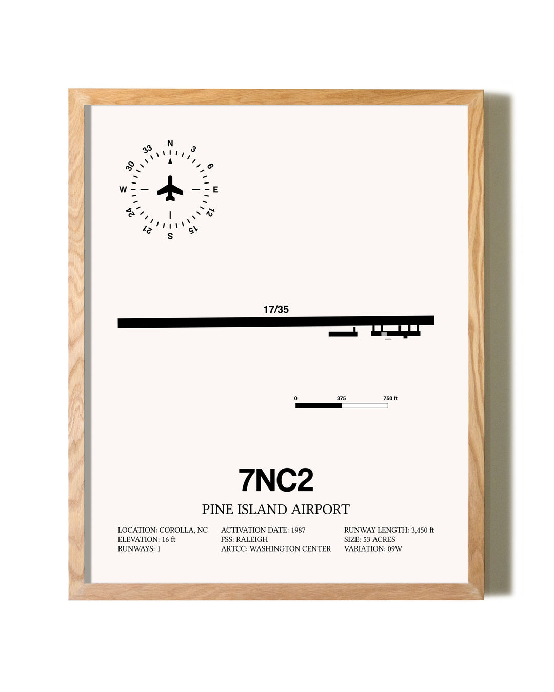 Pine Island Airport framed print in natural wood frame
