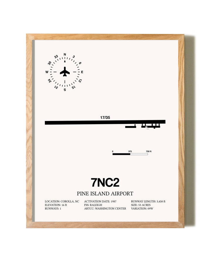 Pine Island Airport framed print in natural wood frame