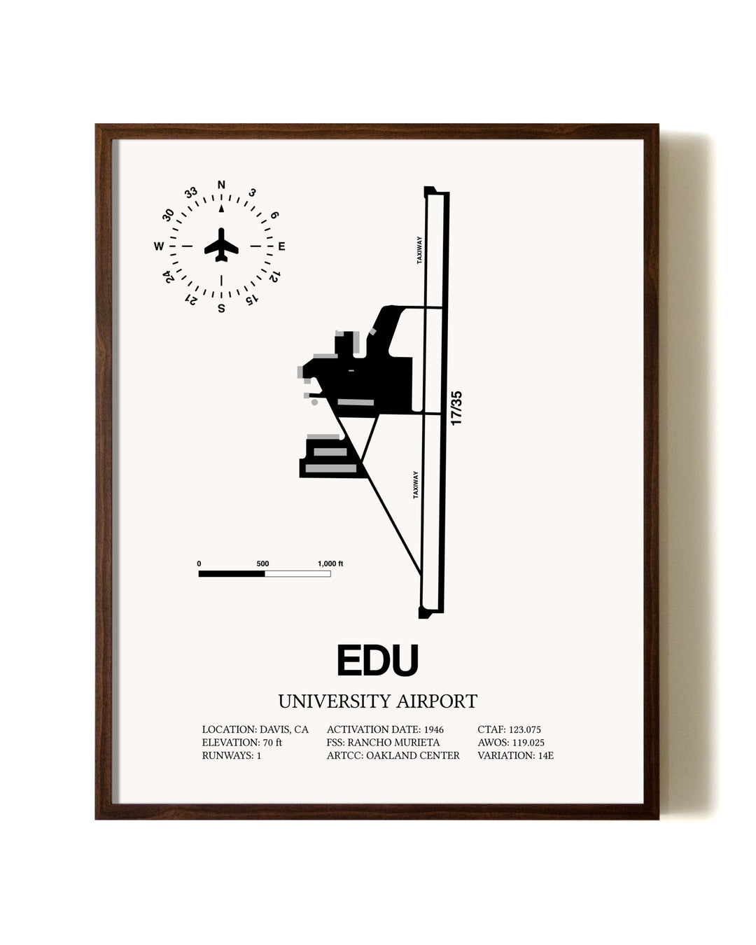 University Airport aviation print in walnut frame