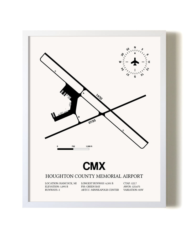 Houghton County Memorial Airport airport map poster in oak frame