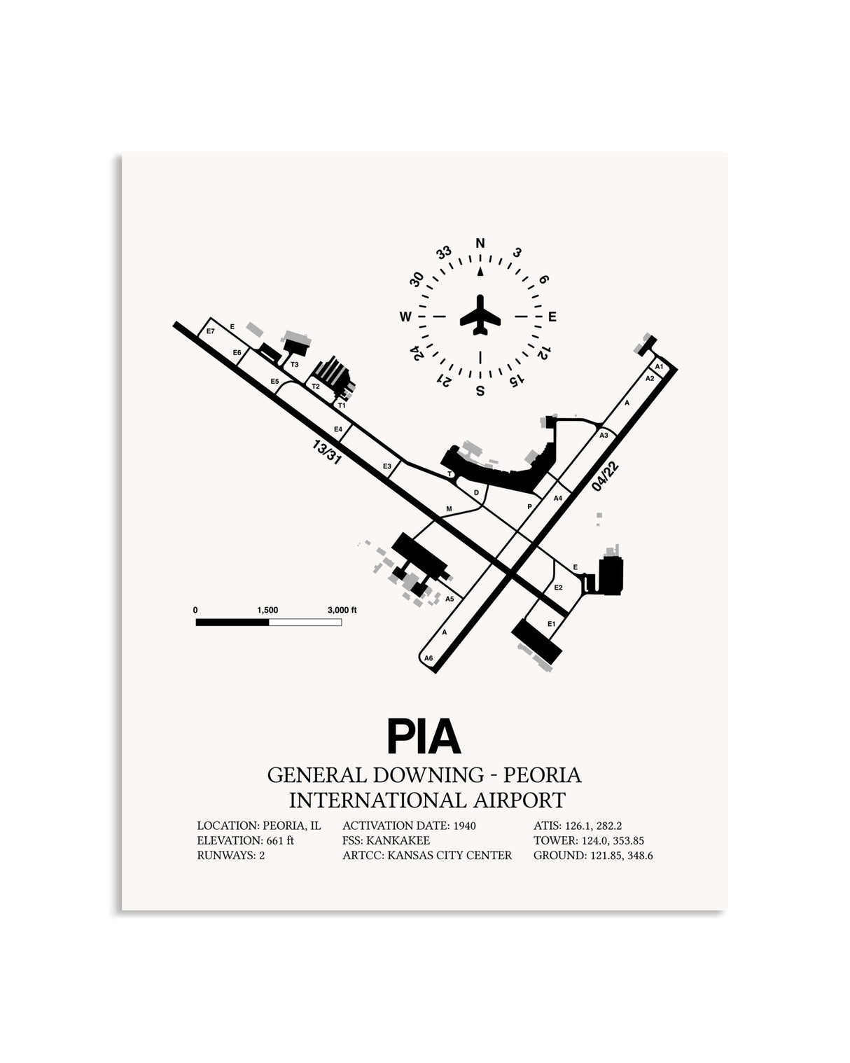 Gray General Downing-Peoria International Airport framed poster displayed in an airplane hangar