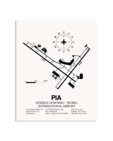 Gray General Downing-Peoria International Airport framed poster displayed in an airplane hangar