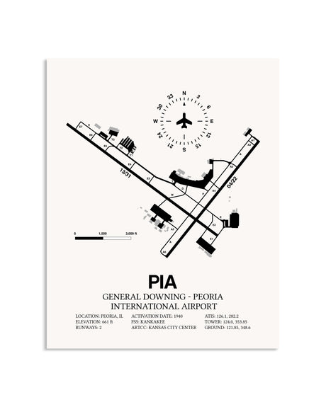 Gray General Downing-Peoria International Airport framed poster displayed in an airplane hangar