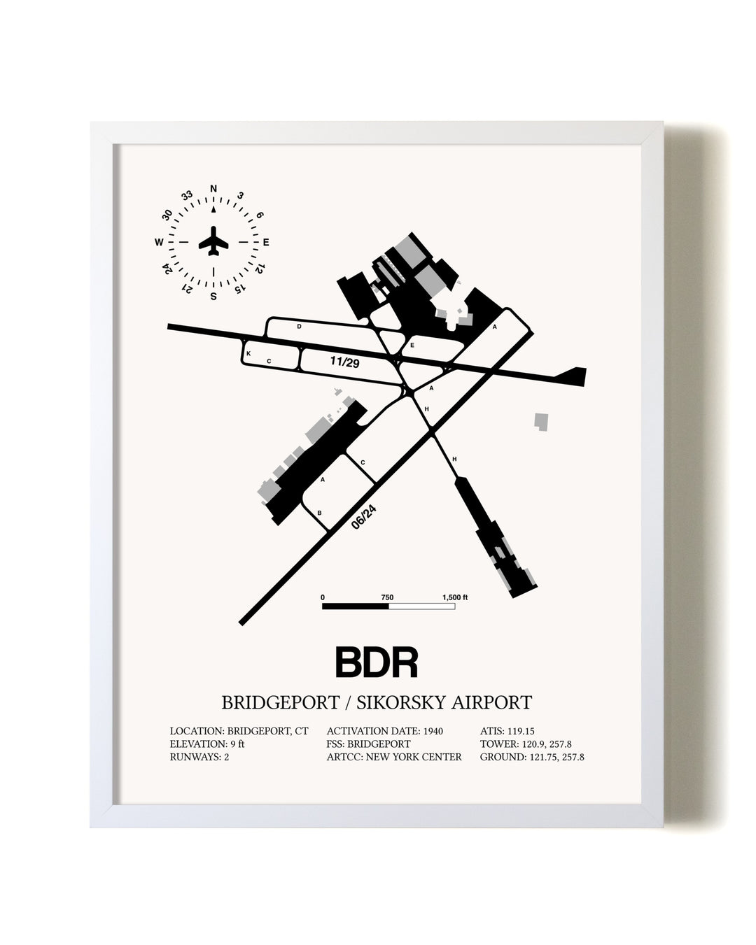 Bridgeport / Sikorsky Airport airport map poster in oak frame