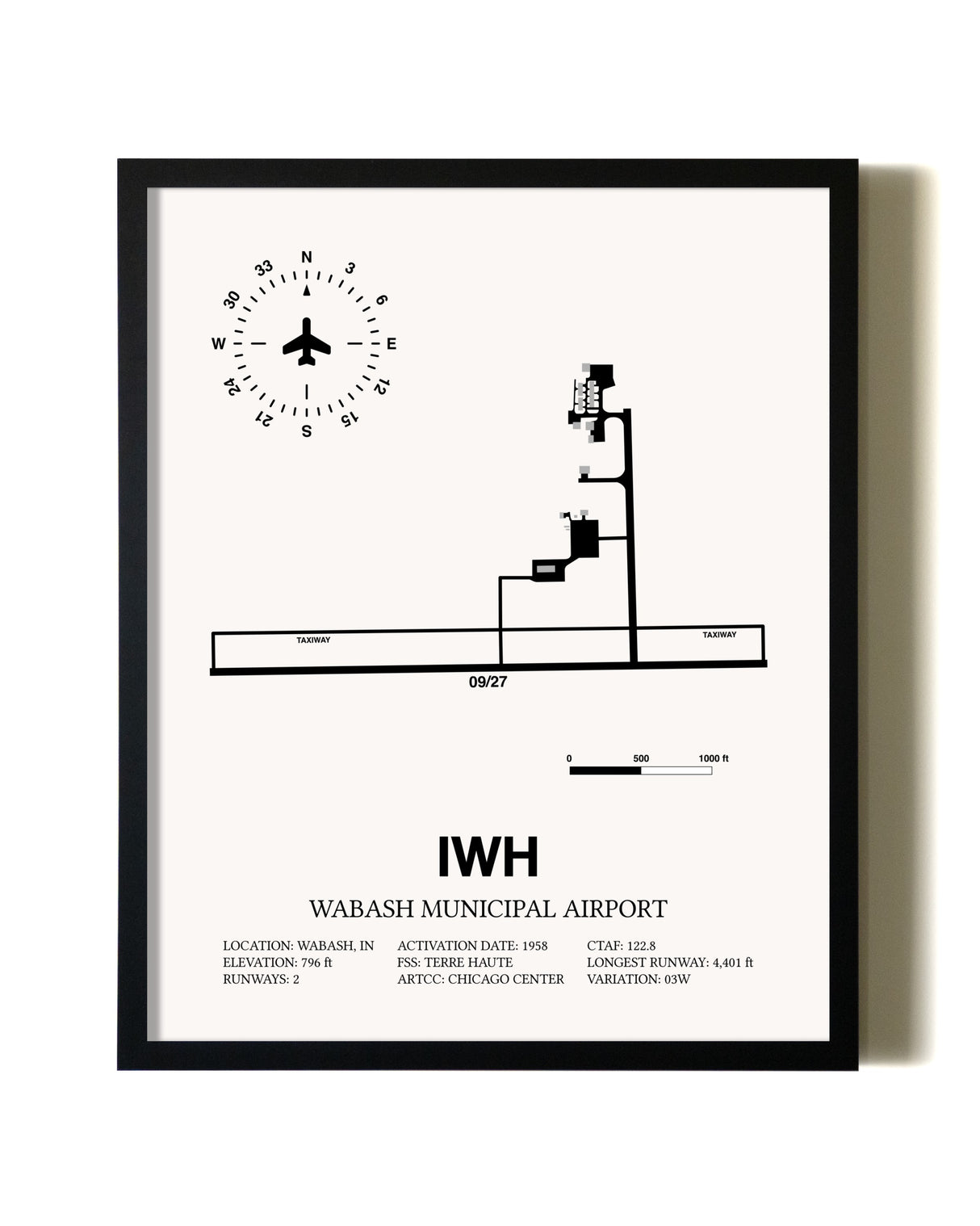 Framed Wabash Municipal Airport wall art poster in black frame
