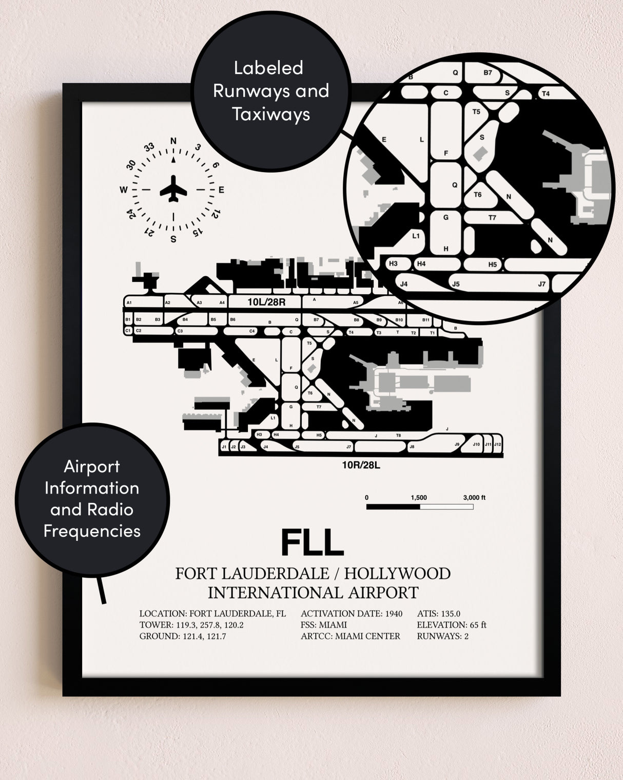 Framed Fort Lauderdale / Hollywood International Airport layout wall art poster