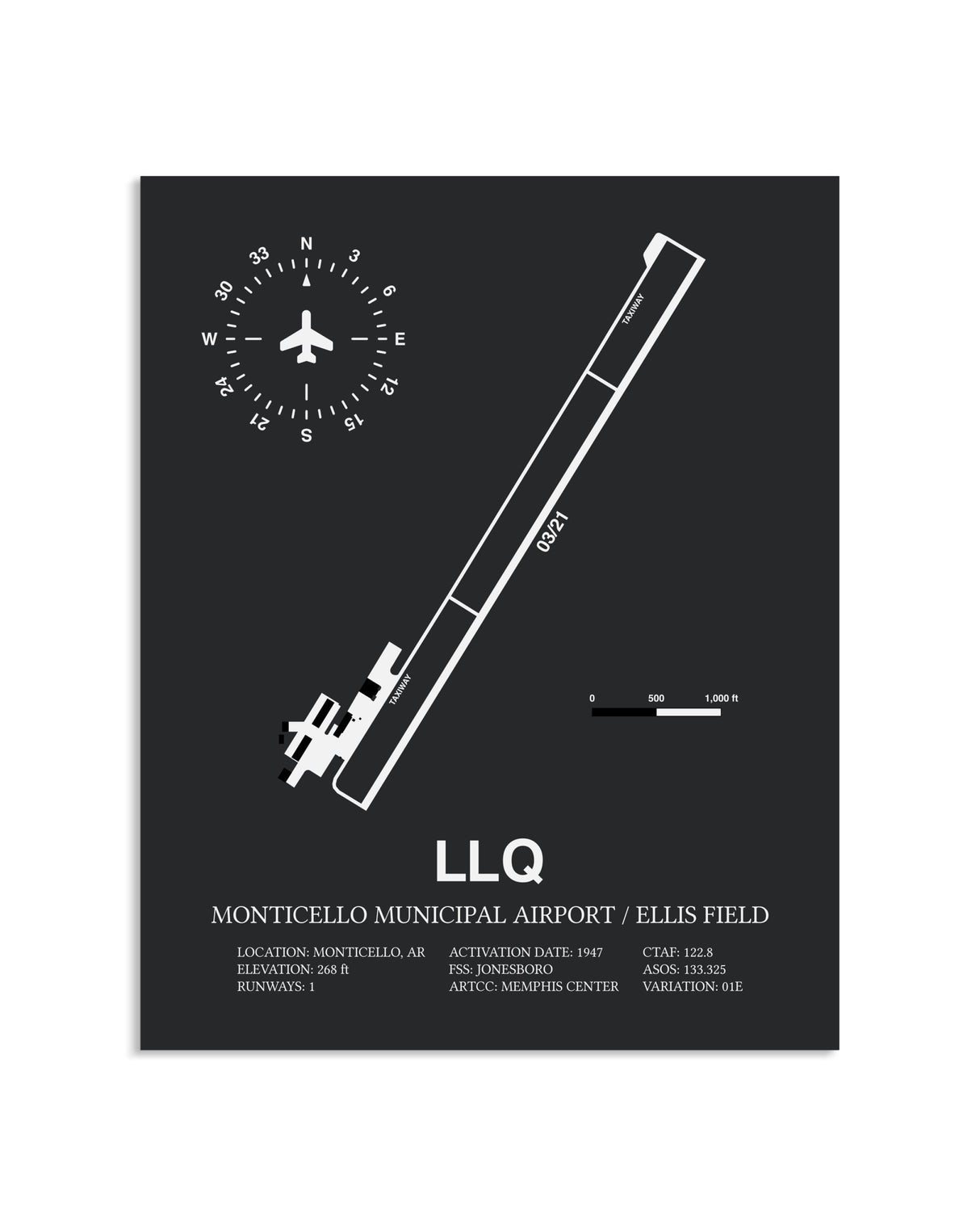 Gray Framed Monticello Municipal Airport / Ellis Field layout wall art poster