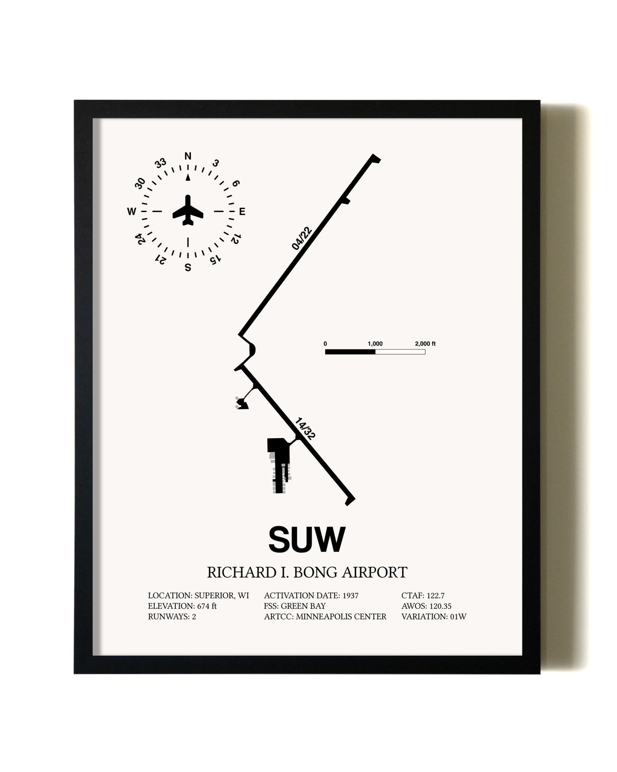 Framed Richard I Bong Airport wall art poster in black frame