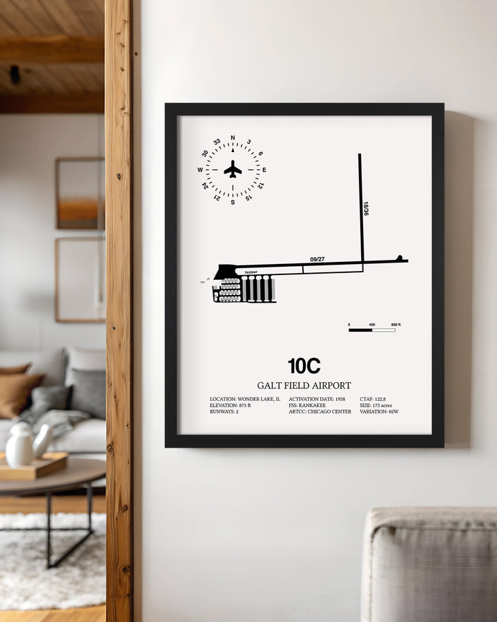 Framed Detailed Airport Map of Galt Field Airport (10C) in White with a Black Frame