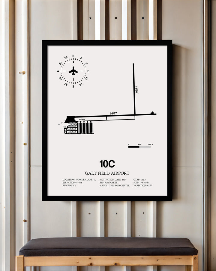 Framed Detailed Airport Map of Galt Field Airport (10C) in White with a Black Frame