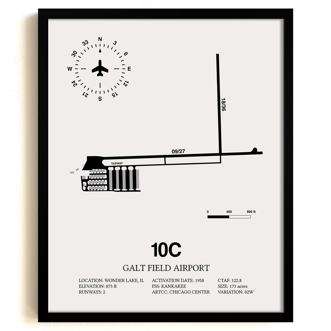Framed Detailed Airport Map of Galt Field Airport (10C) in White with a Black Frame