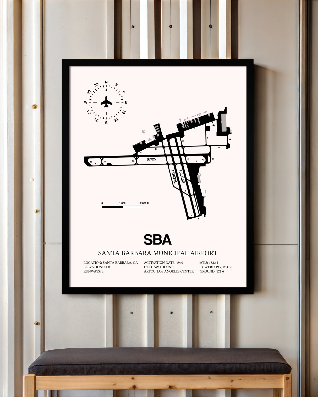 Santa Barbara Municipal Airport framed poster displayed in an airplane hangar