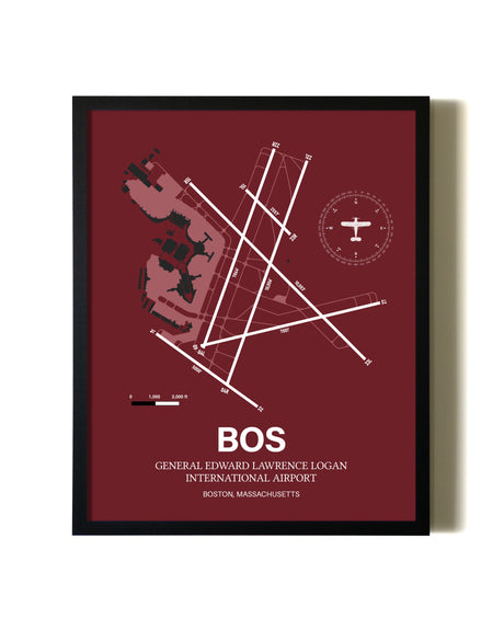 Red Framed Boston Logan International Airport wall art poster in black frame