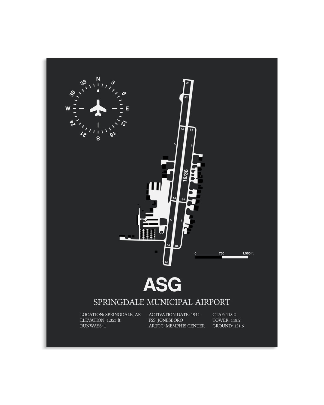 Gray Framed Springdale Municipal Airport layout wall art poster