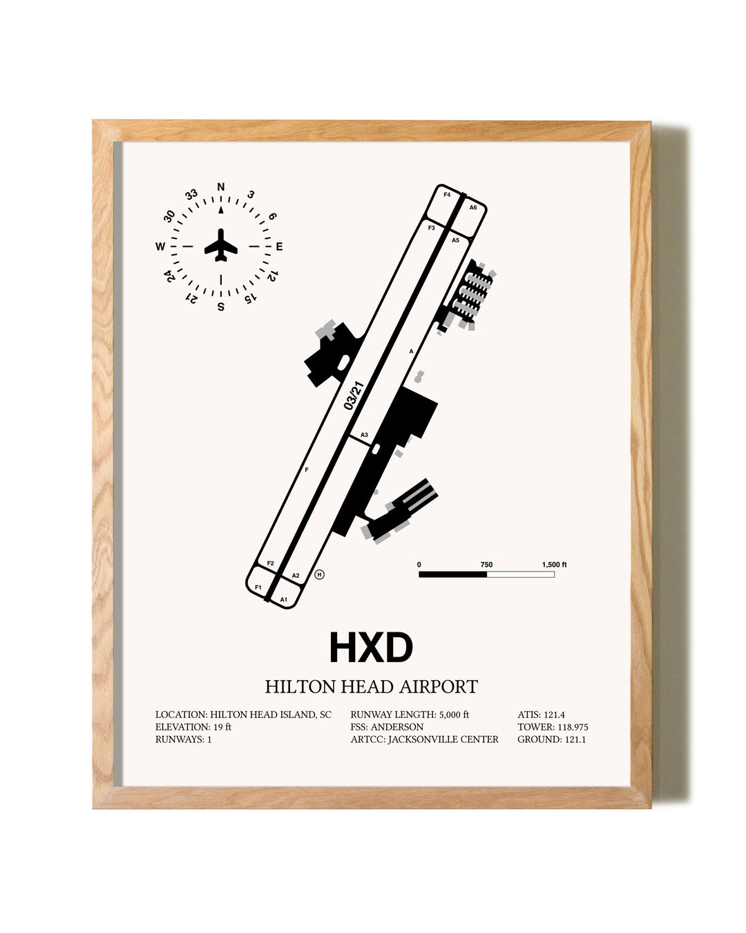 Hilton Head Airport framed print in natural wood frame