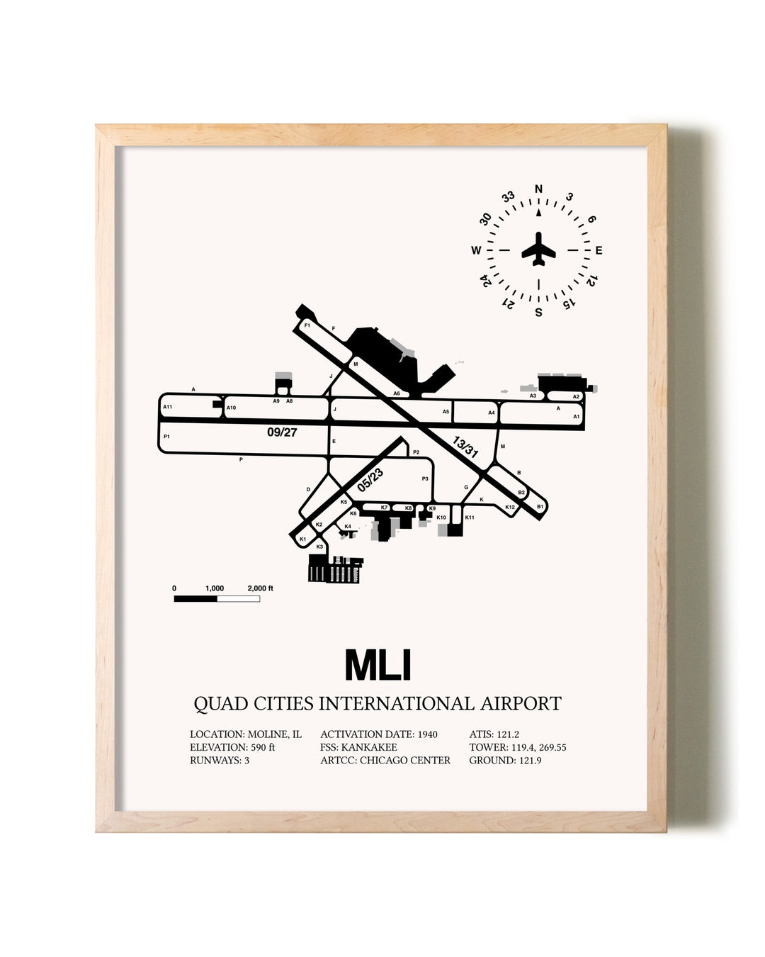 Quad Cities International Airport framed wall art in white frame