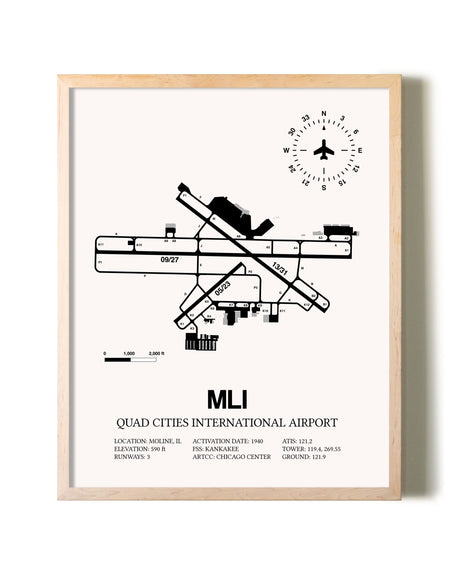 Quad Cities International Airport framed wall art in white frame