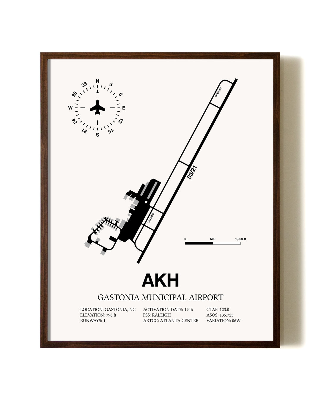 Gastonia Municipal Airport aviation print in walnut frame