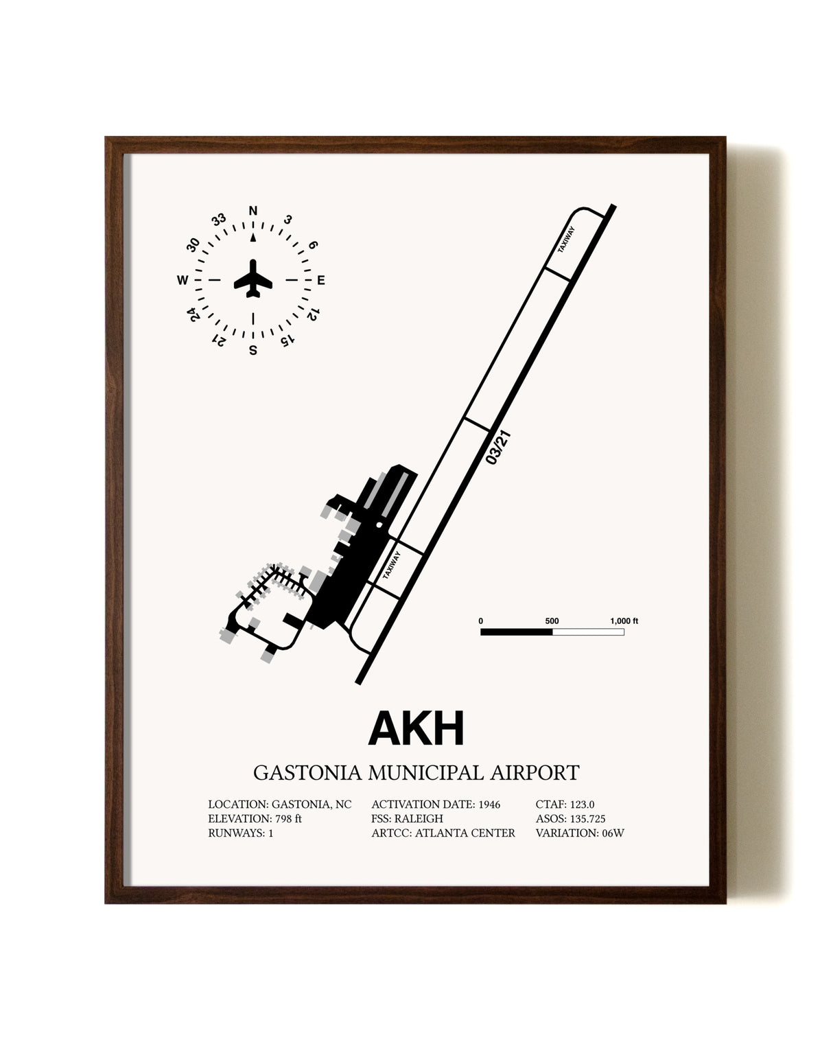 Gastonia Municipal Airport aviation print in walnut frame