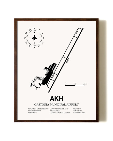Gastonia Municipal Airport aviation print in walnut frame
