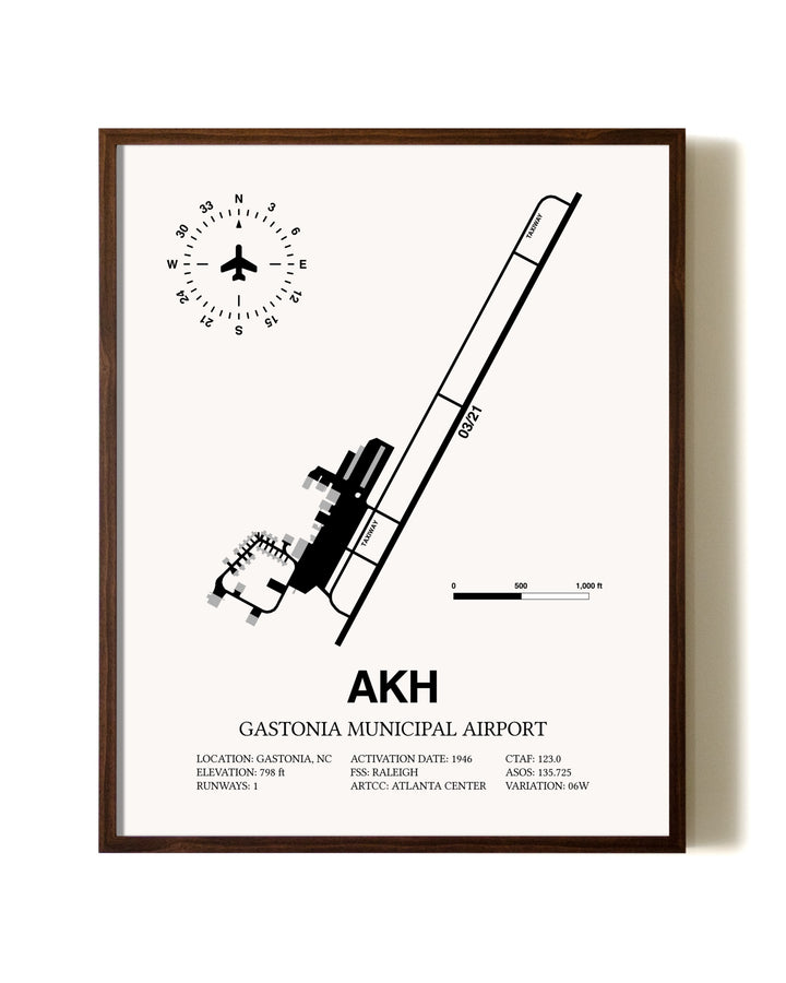 Gastonia Municipal Airport aviation print in walnut frame