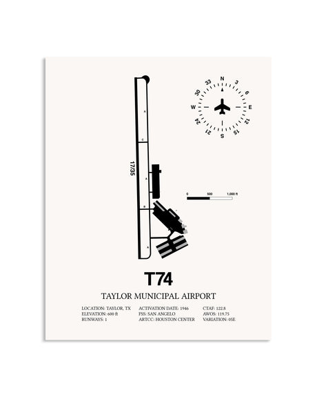 Gray Taylor Municipal Airport framed poster displayed in an airplane hangar