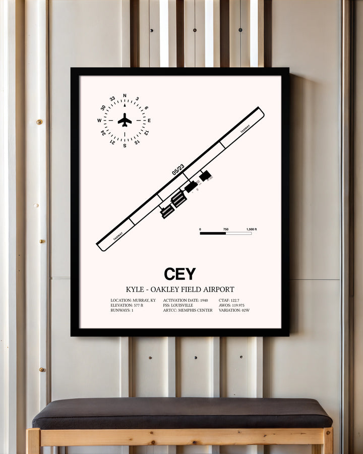 Kyle-Oakley Field Airport framed poster displayed in an airplane hangar
