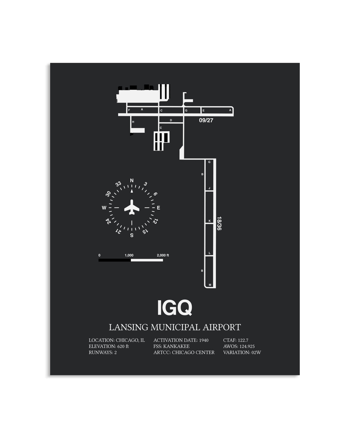 Gray Framed Lansing Municipal Airport layout wall art poster