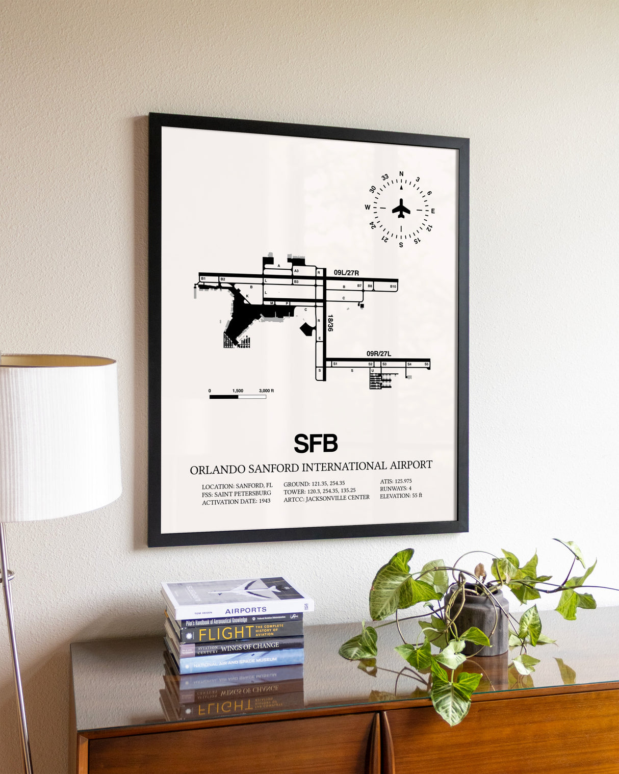 Orlando Sanford International Airport aviation wall décor in black wood frame