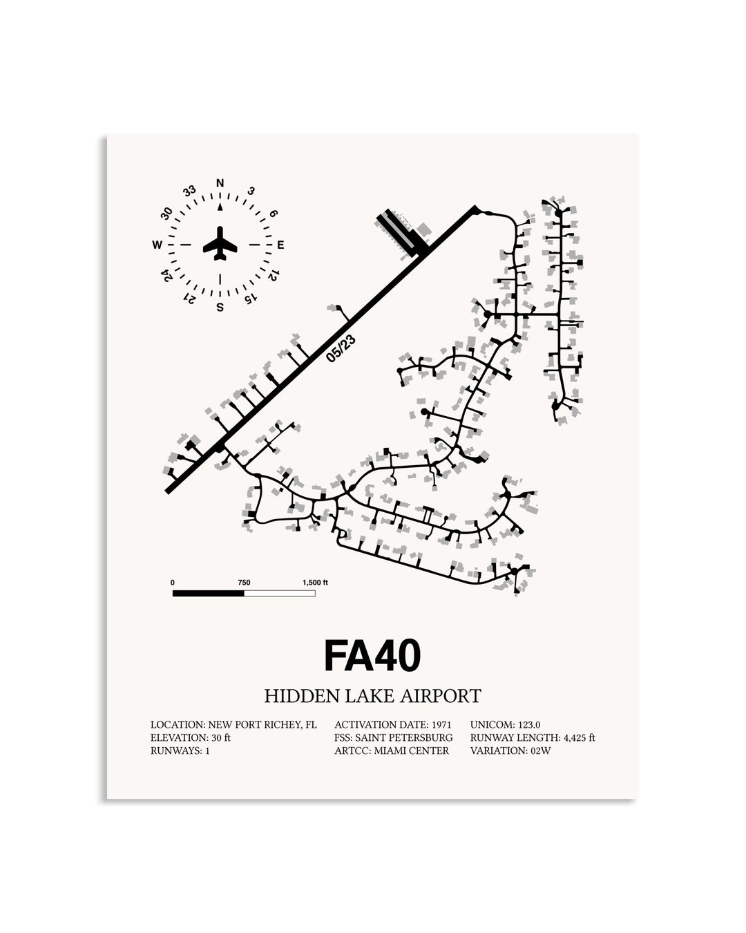 Gray Hidden Lake Airport framed poster displayed in an airplane hangar