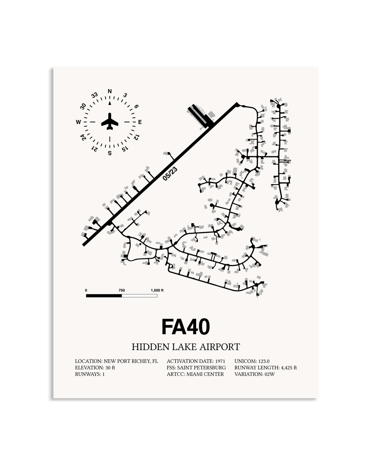 Gray Hidden Lake Airport framed poster displayed in an airplane hangar