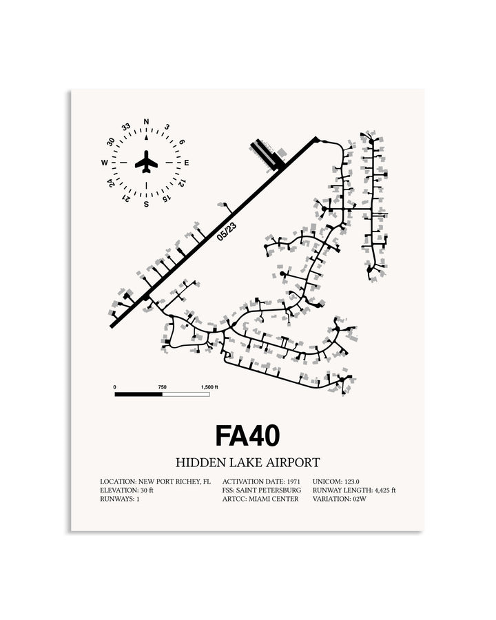 Gray Hidden Lake Airport framed poster displayed in an airplane hangar