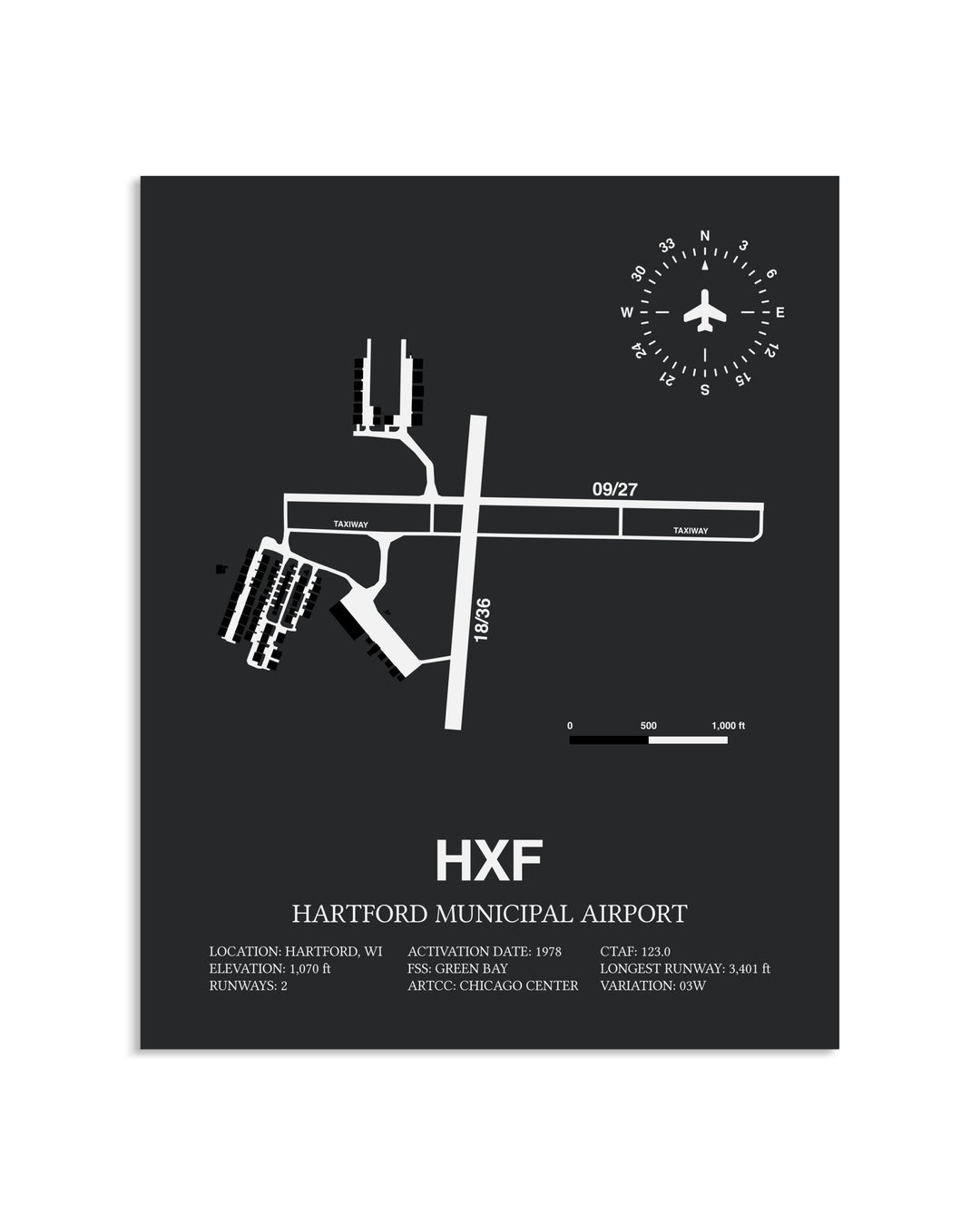 Gray Framed Hartford Municipal Airport layout wall art poster