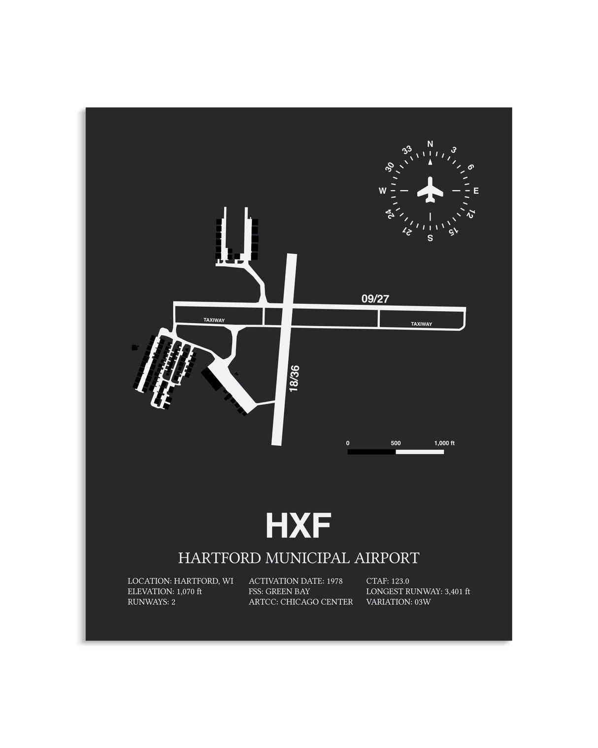 Gray Framed Hartford Municipal Airport layout wall art poster