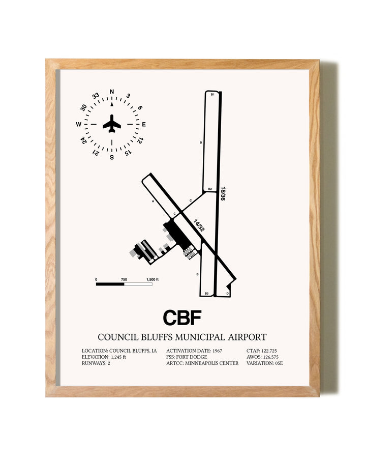 Council Bluffs Municipal Airport framed print in natural wood frame