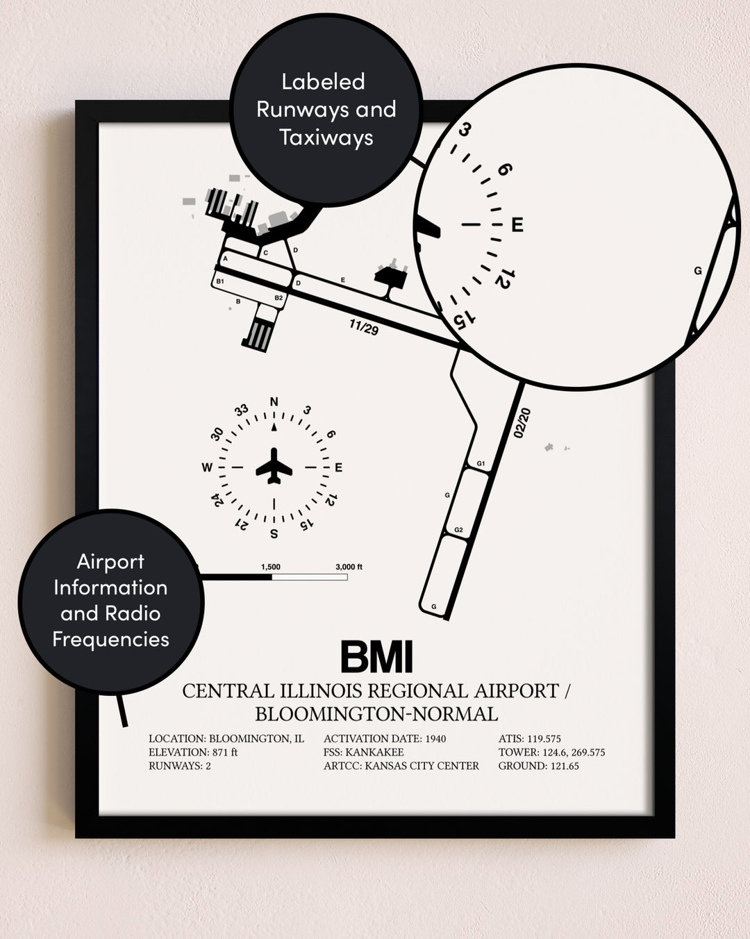 Framed Central Illinois Regional Airport / Bloomington-Normal layout wall art poster