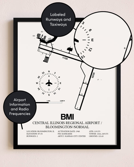 Framed Central Illinois Regional Airport / Bloomington-Normal layout wall art poster