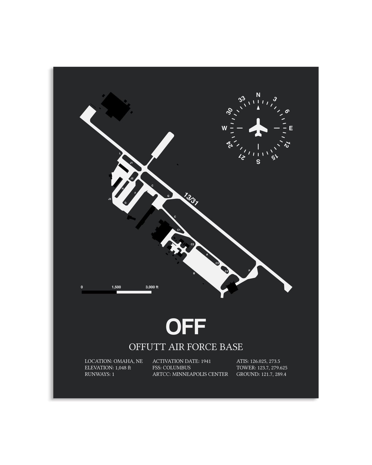 Gray Framed Offutt Air Force Base layout wall art poster