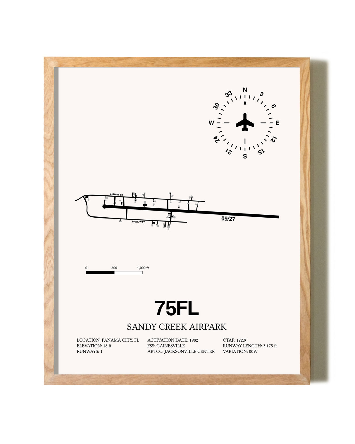 Sandy Creek Airpark framed print in natural wood frame