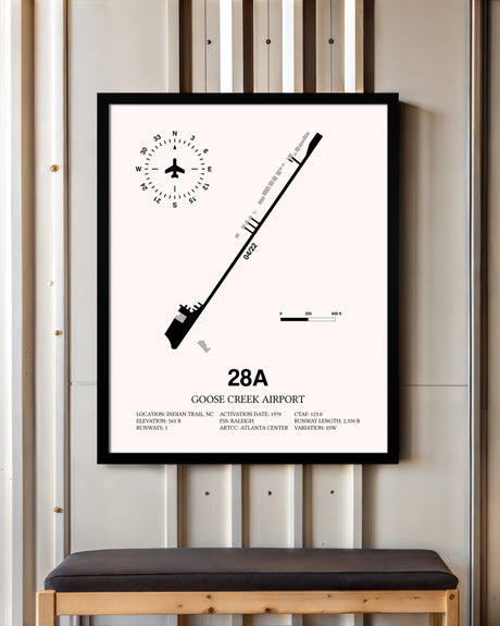 Goose Creek Airport framed poster displayed in an airplane hangar