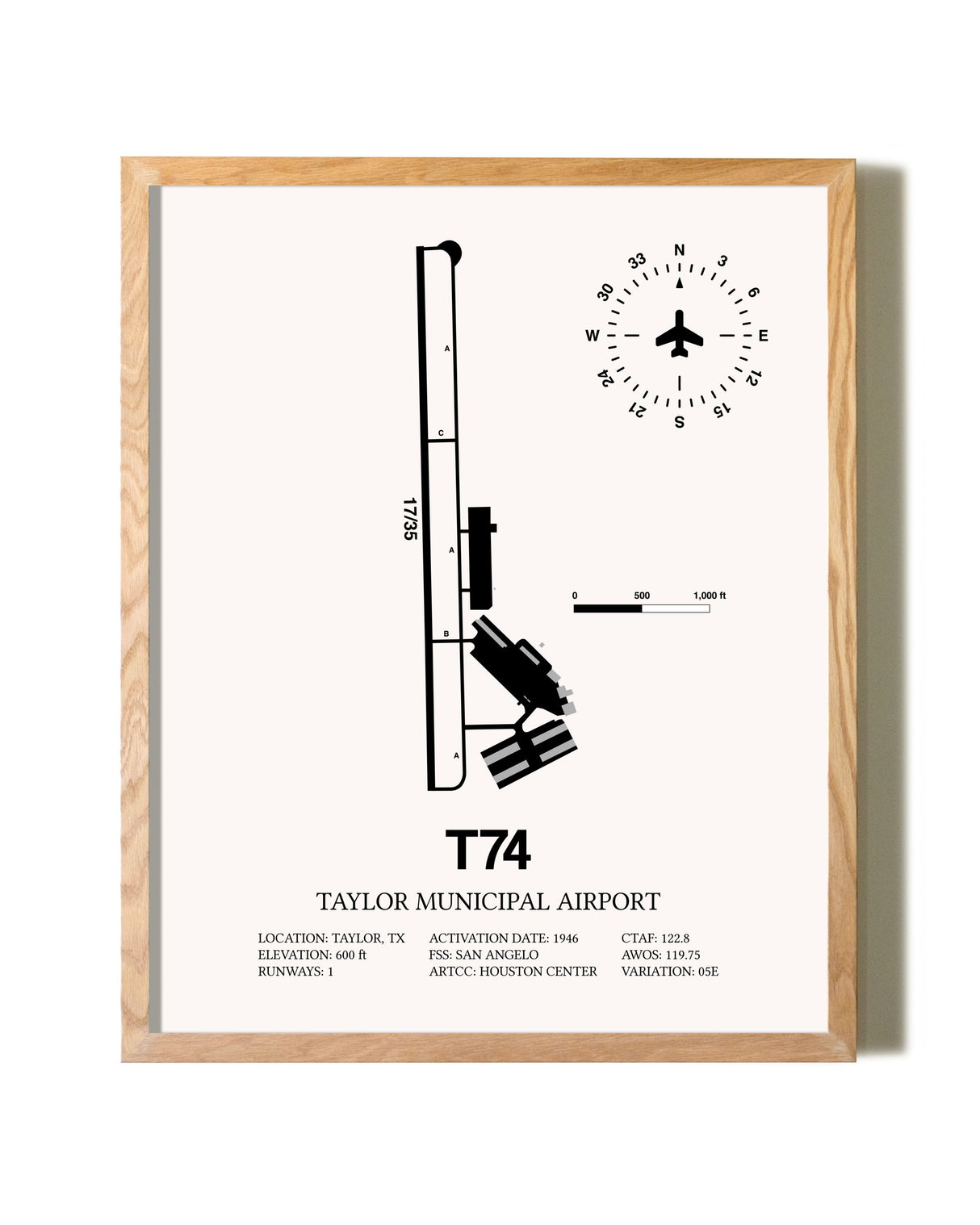 Taylor Municipal Airport framed print in natural wood frame