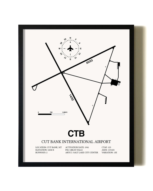 Framed Cut Bank International Airport wall art poster in black frame