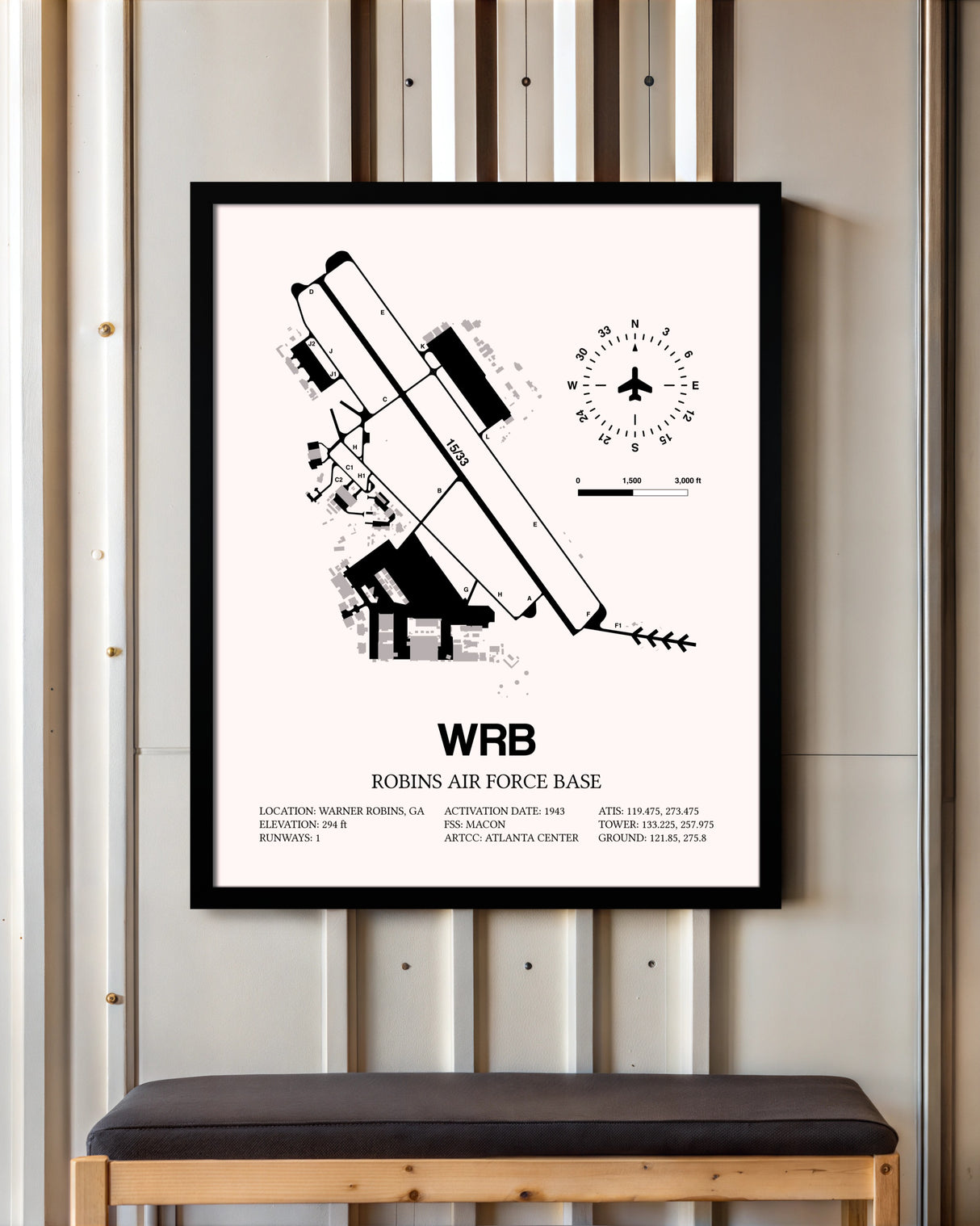 Robins Air Force Base framed poster displayed in an airplane hangar
