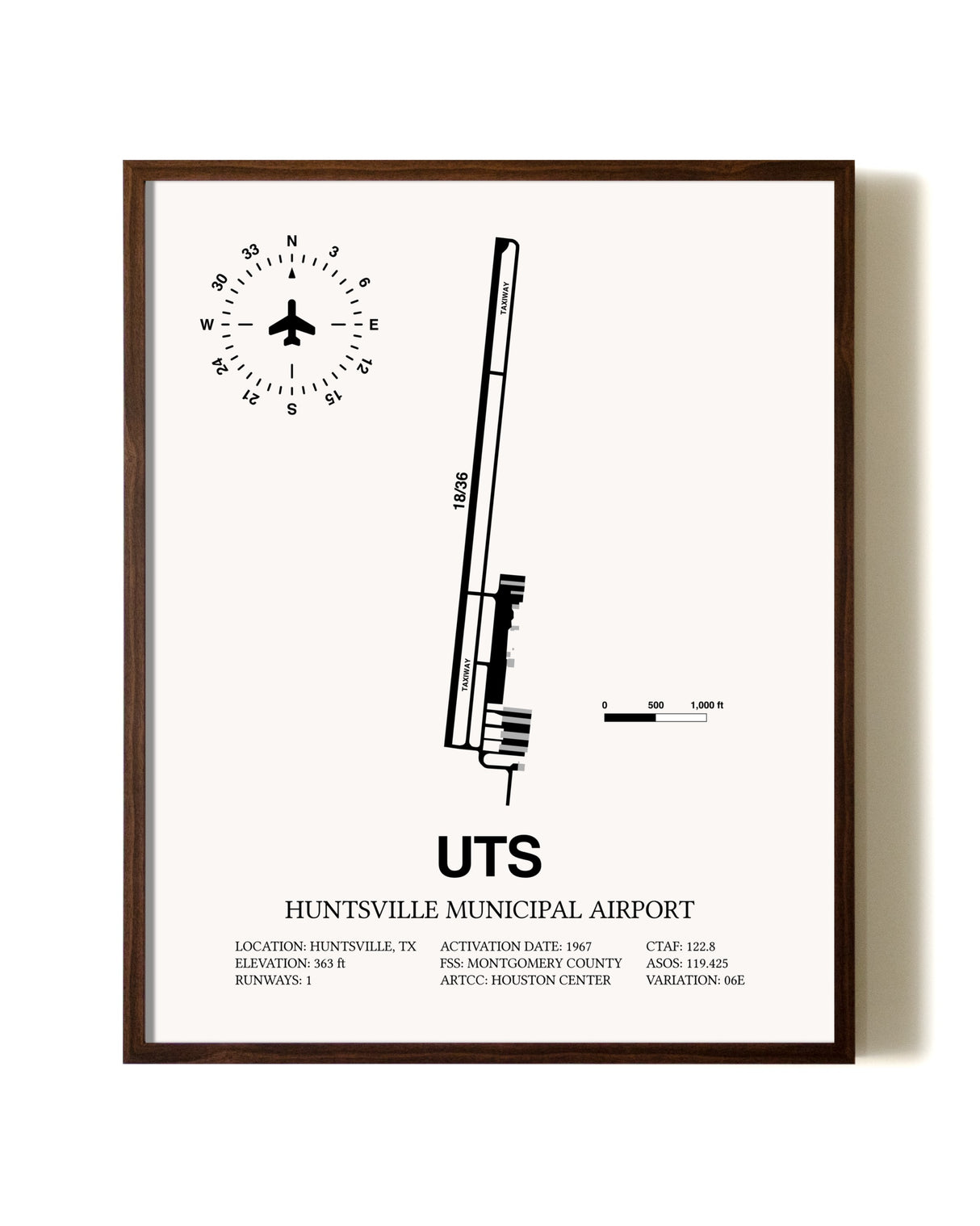 Huntsville Municipal Airport aviation print in walnut frame