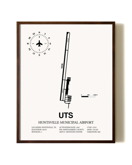 Huntsville Municipal Airport aviation print in walnut frame