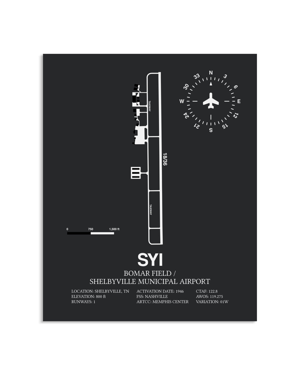 Gray Framed Bomar Field / Shelbyville Municipal Airport layout wall art poster